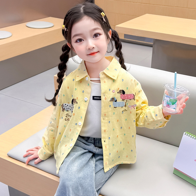 Cămașă pentru copii pentru fete cu broderie cu cățeluș - casual, mânecă lungă, guler rever, primăvară-toamnă