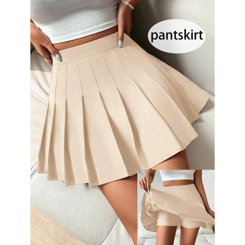 Fustă scurtă plisată, talie elastică, croi lejer, amestec CVC din bumbac, stil retro