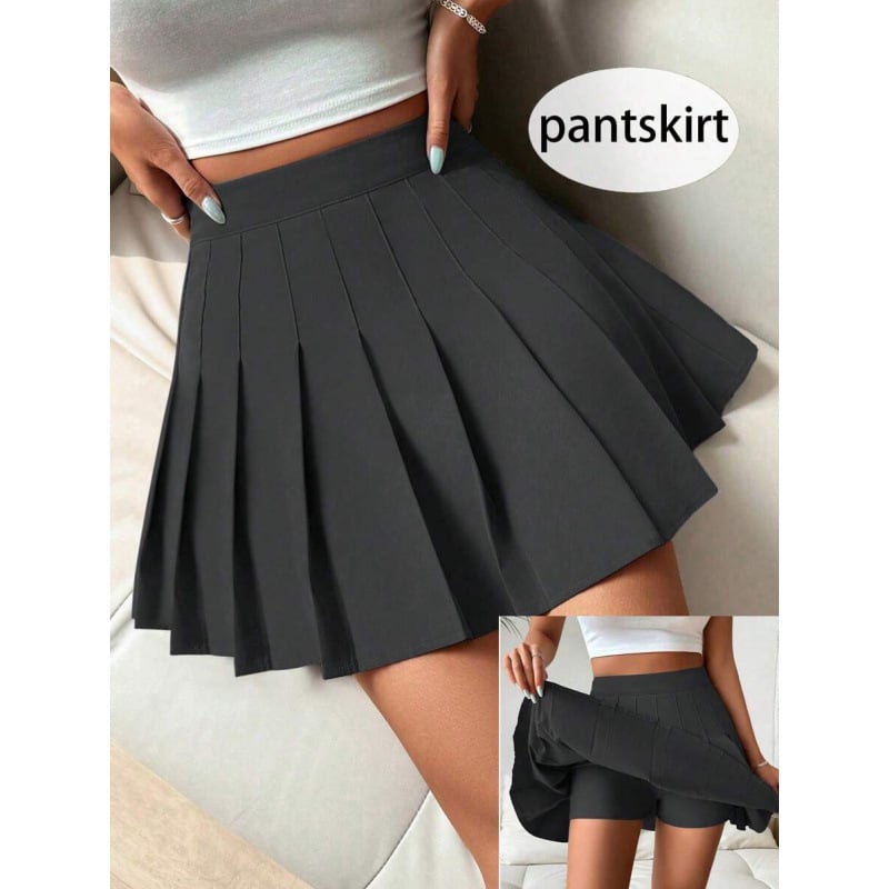 Fustă scurtă plisată, talie elastică, croi lejer, amestec CVC din bumbac, stil retro