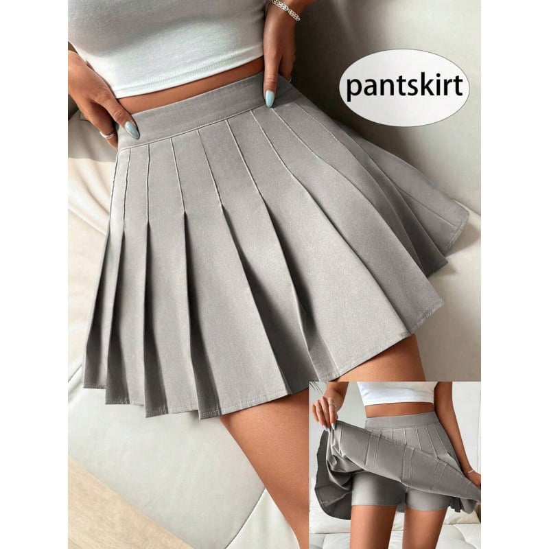 Fustă scurtă plisată, talie elastică, croi lejer, amestec CVC din bumbac, stil retro