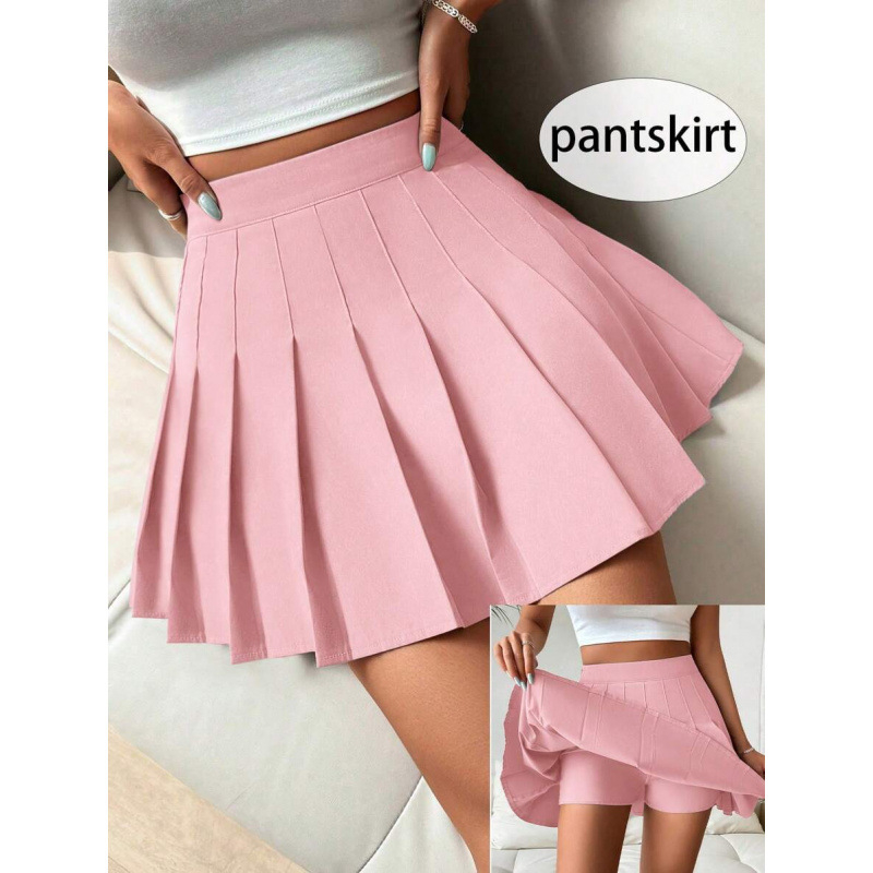Fustă scurtă plisată, talie elastică, croi lejer, amestec CVC din bumbac, stil retro