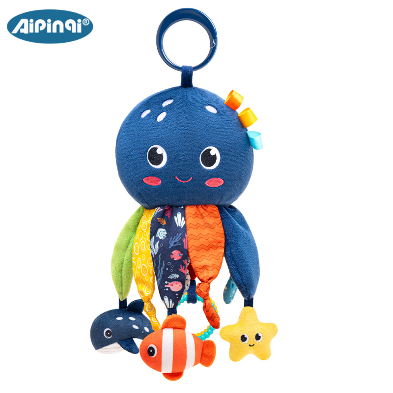 Aipinqi Jucărie de pluș pentru bebeluși – Agățător auto multifuncțional, Design caracatiță marină, Dinți pentru dentiție și hârtie crinkle, Cârlig de atașare