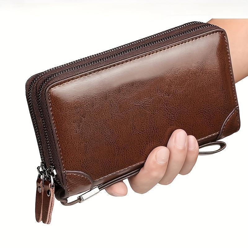 Geantă de umăr pentru bărbați din PU - Capacitate mare, Fermoar dublu, Mai multe sloturi pentru carduri, Potrivită pentru călătorii casual