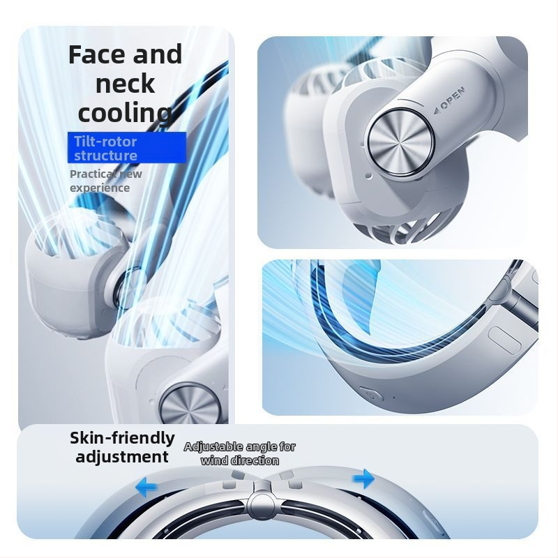 Prenosný ventilátor na krk, skladací, USB nabíjateľný, vymeniteľná batéria 300–500 mAh, 3 rýchlosti, bezdrôtové nabíjanie