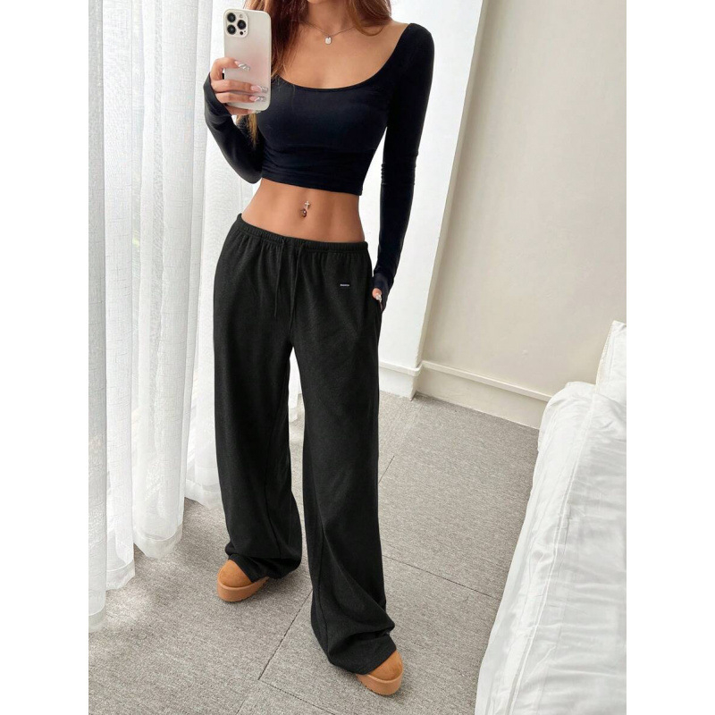 Pantaloni cu șnur în talie, croială lejeră, lungime 9/10, ușor elastici, bumbac CVC