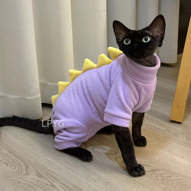 Odjeća za mačke sa četiri noge u dinosaurskom stilu, podstava od polar fleecea za mačke bez dlake (Sphynx)