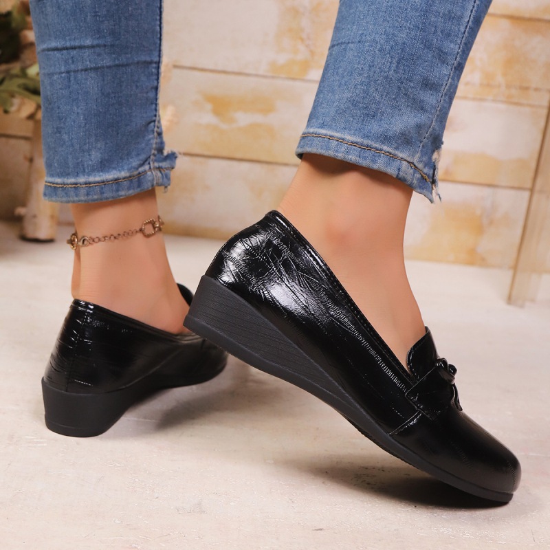 Loafers din piele pentru femei cu funda în formă de fluture, vârf rotund, partea superioară PU, talpă din cauciuc, Slip-On