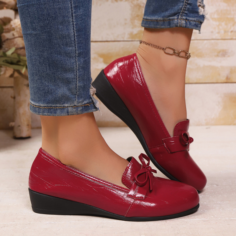 Loafers din piele pentru femei cu funda în formă de fluture, vârf rotund, partea superioară PU, talpă din cauciuc, Slip-On