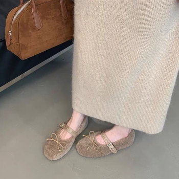 Γυναικεία βαμβακερά παπούτσια με στρογγυλό δάχτυλο, χαμηλό ύψος, επίπεδη καουτσούκ σόλα, πλαϊνό φερμουάρ και διακοσμητικός φιόγκος