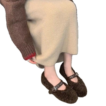 Γυναικεία βαμβακερά παπούτσια με στρογγυλό δάχτυλο, χαμηλό ύψος, επίπεδη καουτσούκ σόλα, πλαϊνό φερμουάρ και διακοσμητικός φιόγκος