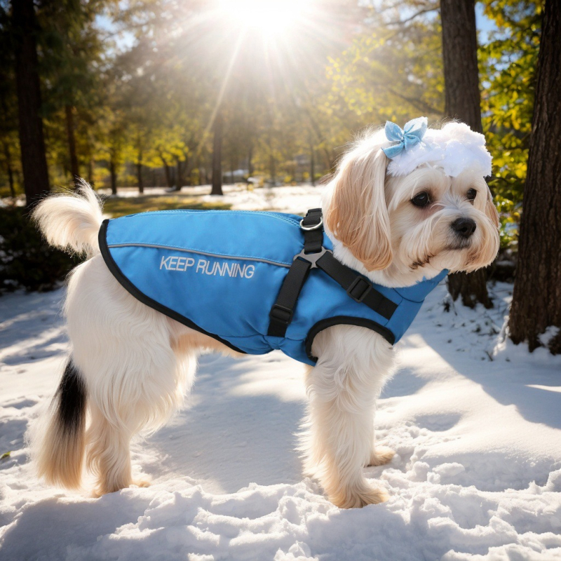 Suņa mētelis no poliestera ar flīsa pildījumu, drukāts dizains, atstarojoša josla un rāvējslēdzējs.
