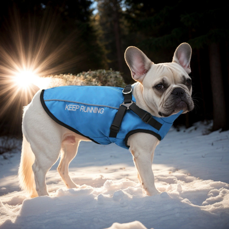 Suņa mētelis no poliestera ar flīsa pildījumu, drukāts dizains, atstarojoša josla un rāvējslēdzējs.