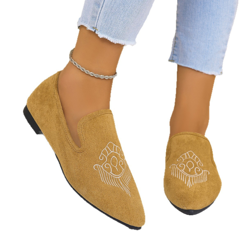 Pantofi dama fără toc cu vârf ascuțit, broderie, velur pe exterior, talpă plată