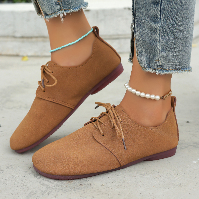 Sievietes ikdienas kurpes ar šņorēm, apaļa purngala, velūra augšdaļa, gumijas zole, zems papēdis