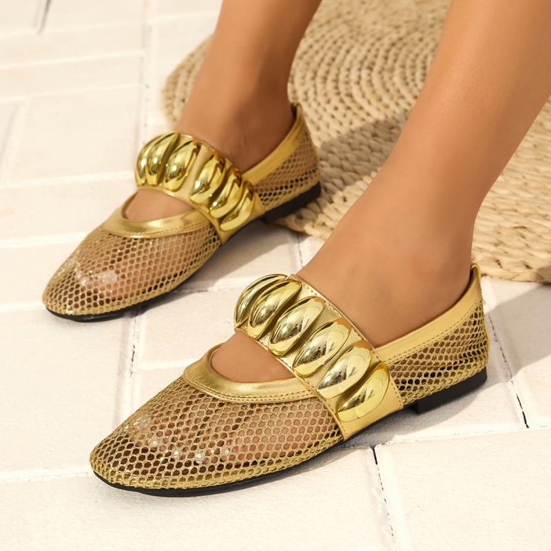 Обувки с мрежесто горнище, равни с метална презрамка, кръгла носка, нисък глезен, лято 2024