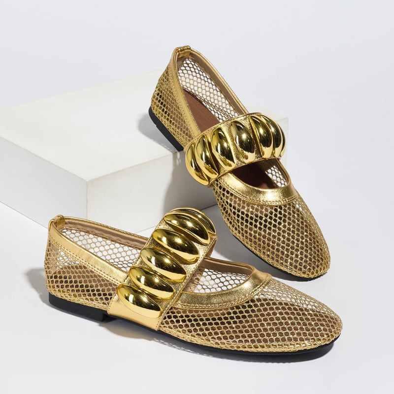 Обувки с мрежесто горнище, равни с метална презрамка, кръгла носка, нисък глезен, лято 2024