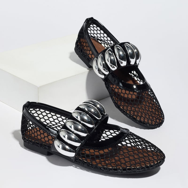 Обувки с мрежесто горнище, равни с метална презрамка, кръгла носка, нисък глезен, лято 2024