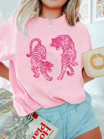 Βαμβακερή μπλούζα με εκτύπωση, στρογγυλό λαιμό, κοντά μανίκια, χαλαρή εφαρμογή (Καλοκαίρι 2025)