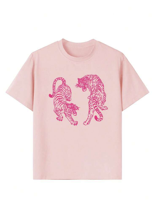 Kokvilnas izdrukāta T-krekls ar apaļu kaklu, īsām piedurknēm, brīvā piegriezuma (Vasarā 2025)