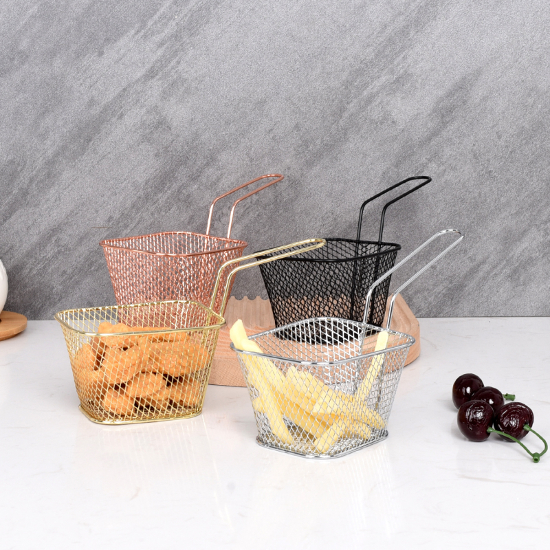 Coș pătrat din oțel inoxidabil pentru prăjit cu sită din plasă — protecție împotriva arsurilor, pentru cartofi prăjiți, pui prăjit și gustări