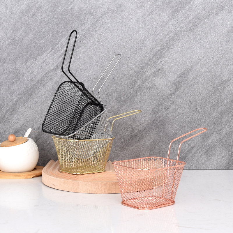 Coș pătrat din oțel inoxidabil pentru prăjit cu sită din plasă — protecție împotriva arsurilor, pentru cartofi prăjiți, pui prăjit și gustări