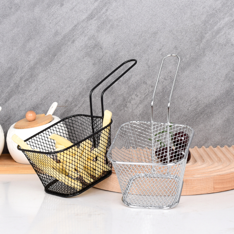 Coș pătrat din oțel inoxidabil pentru prăjit cu sită din plasă — protecție împotriva arsurilor, pentru cartofi prăjiți, pui prăjit și gustări