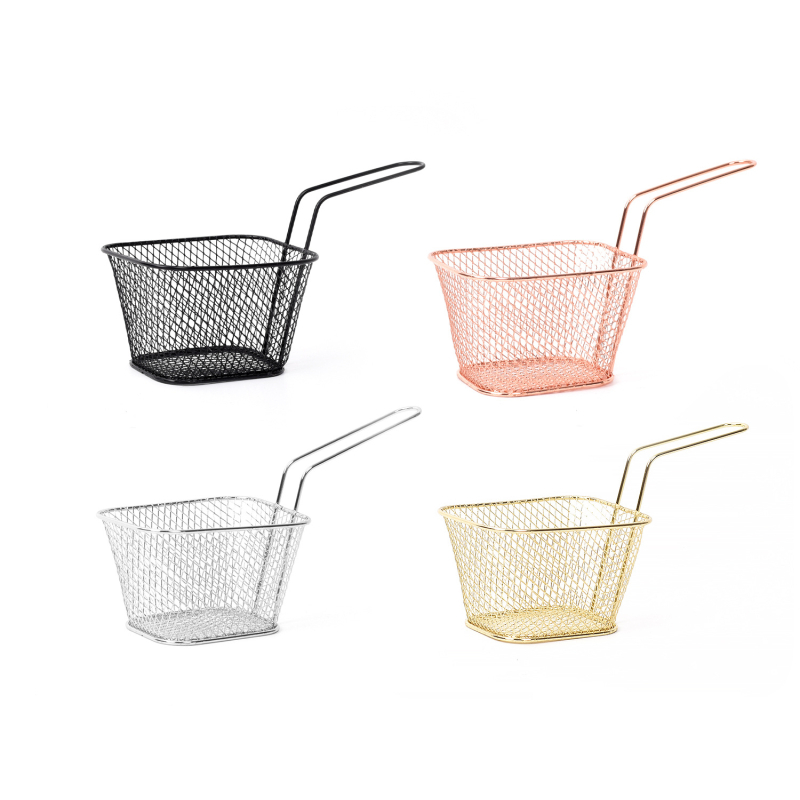 Coș pătrat din oțel inoxidabil pentru prăjit cu sită din plasă — protecție împotriva arsurilor, pentru cartofi prăjiți, pui prăjit și gustări