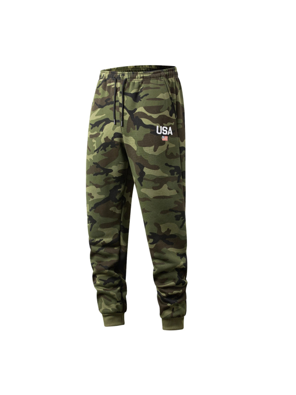 Muške hlače s kamuflažom, ravni kroj, duge, srednji pojas, pamučni materijal.
