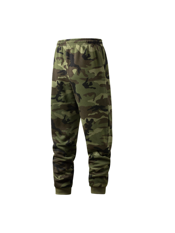 Muške hlače s kamuflažom, ravni kroj, duge, srednji pojas, pamučni materijal.
