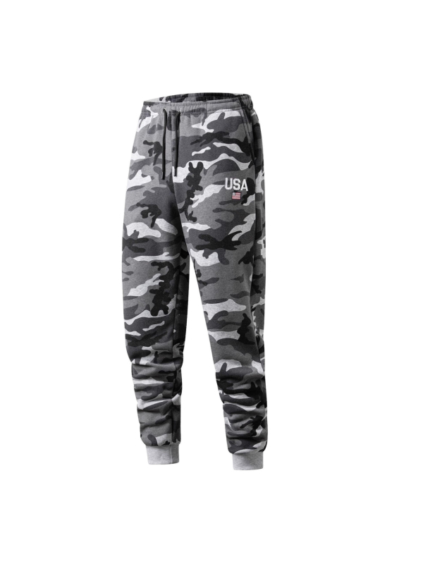 Muške hlače s kamuflažom, ravni kroj, duge, srednji pojas, pamučni materijal.