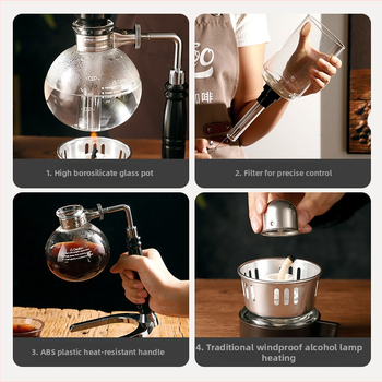 Bincoo Set sifon cafea, Stil minimalist modern, Geam rezistent la temperatură, Materiale: sticlă borosilicată înaltă + ABS + Fier