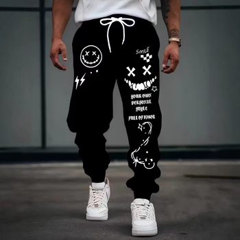 Muške slobodne hlače s digitalnim printom slova, ulični stil, širok kroj, šnira u struku, duge hlače