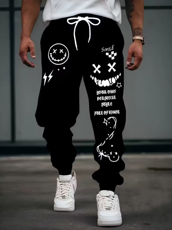 Muške slobodne hlače s digitalnim printom slova, ulični stil, širok kroj, šnira u struku, duge hlače