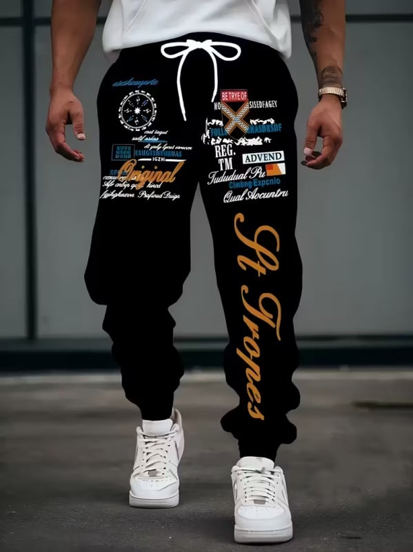 Muške slobodne hlače s digitalnim printom slova, ulični stil, širok kroj, šnira u struku, duge hlače