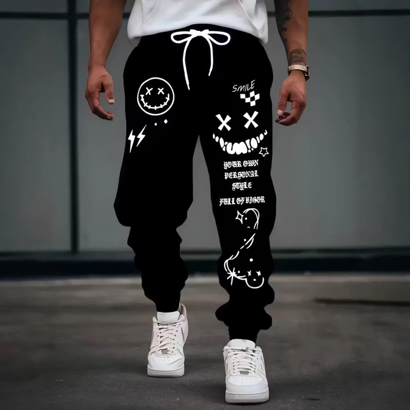 Muške slobodne hlače s digitalnim printom slova, ulični stil, širok kroj, šnira u struku, duge hlače