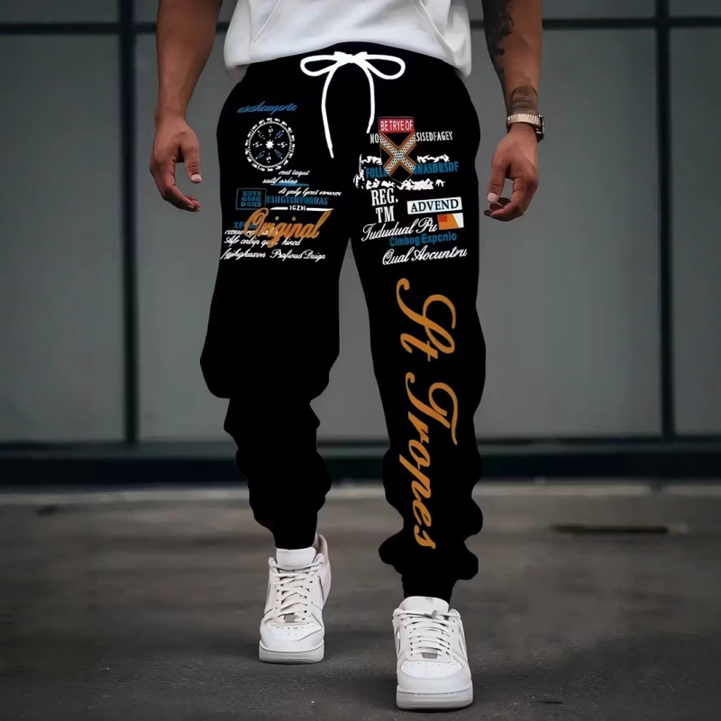 Muške slobodne hlače s digitalnim printom slova, ulični stil, širok kroj, šnira u struku, duge hlače
