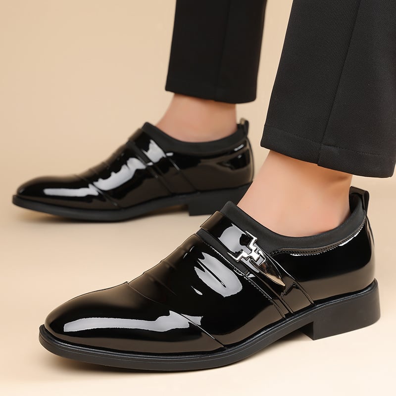 Férfi bőr slip-on cipő hegyes orral, mikroszálas felsőrész, gumitalp, kopásálló, üzleti stílus