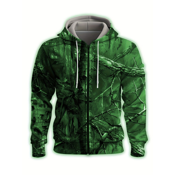 Jachetă cu glugă, poliester respirabil, imprimeu cu ramuri de copac pe întreaga suprafață, mâneci lungi