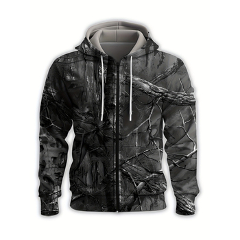 Jachetă cu glugă, poliester respirabil, imprimeu cu ramuri de copac pe întreaga suprafață, mâneci lungi