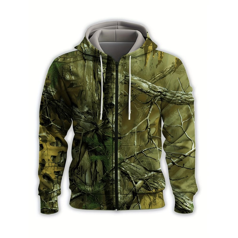 Jachetă cu glugă, poliester respirabil, imprimeu cu ramuri de copac pe întreaga suprafață, mâneci lungi