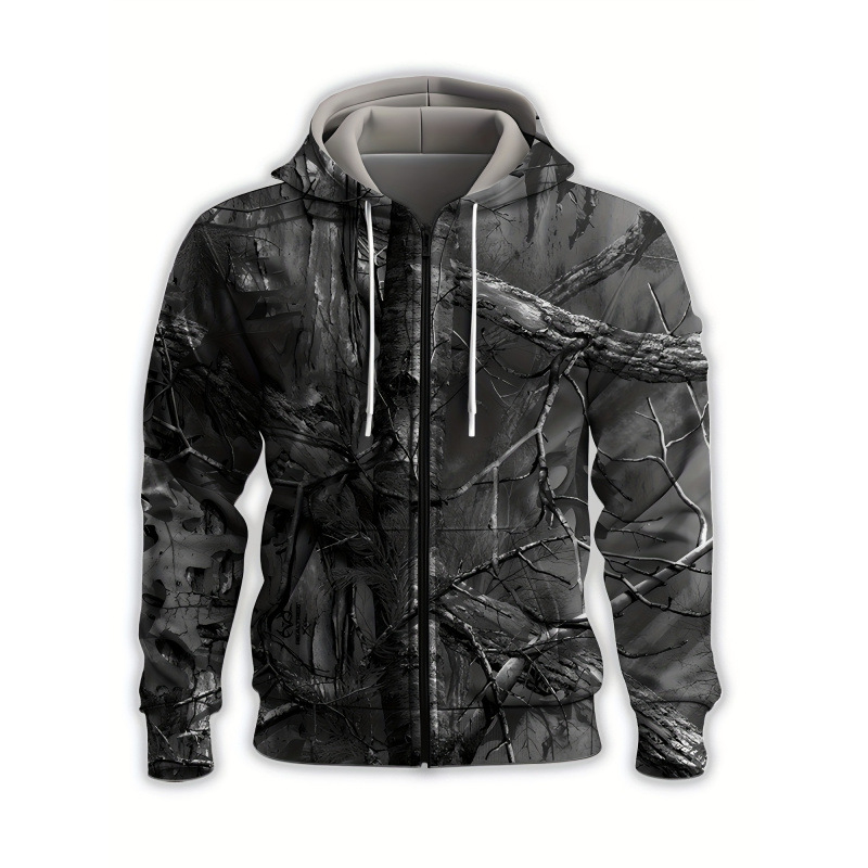 Jachetă cu glugă, poliester respirabil, imprimeu cu ramuri de copac pe întreaga suprafață, mâneci lungi