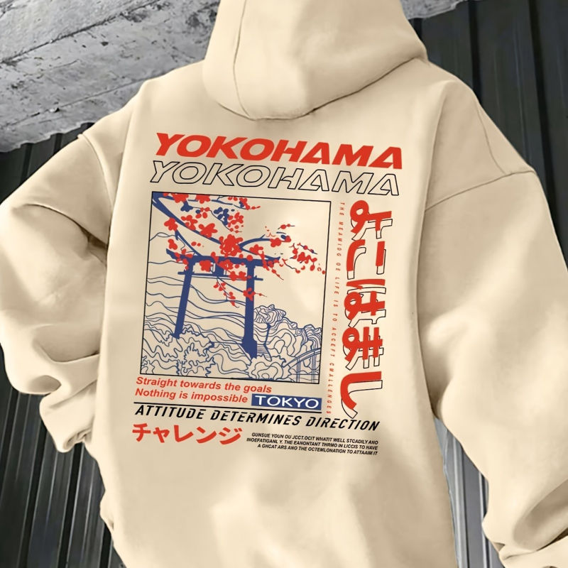 Ανδρικό φούτερ με κουκούλα, χαλαρή γραμμή - Τόκιο εκτύπωση με άνθη κερασιάς και ιαπωνικός σχεδιασμός (96% πολυεστέρας, μακριά μανίκια)