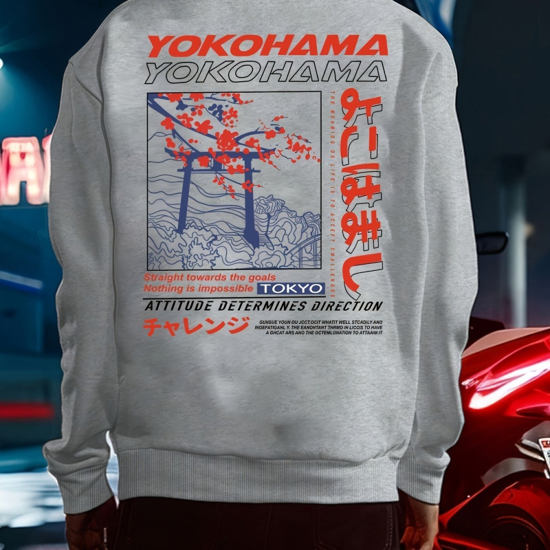 Ανδρικό φούτερ με κουκούλα, χαλαρή γραμμή - Τόκιο εκτύπωση με άνθη κερασιάς και ιαπωνικός σχεδιασμός (96% πολυεστέρας, μακριά μανίκια)