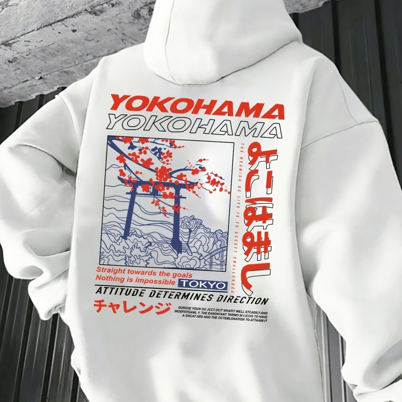 Ανδρικό φούτερ με κουκούλα, χαλαρή γραμμή - Τόκιο εκτύπωση με άνθη κερασιάς και ιαπωνικός σχεδιασμός (96% πολυεστέρας, μακριά μανίκια)