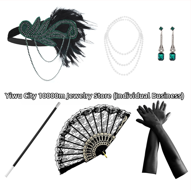 Комплект аксесоари за коса с пера и имитационни перли за деца - ретро стил 1920‑те, включва аксесоари за уши, шия и ръце