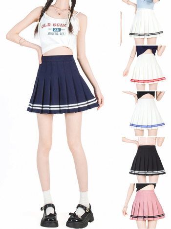 Klostuotas sijonas su aukštu juosmeniu, trumpas ilgis, elastinė juosta, koledžo stilius, poliesteris