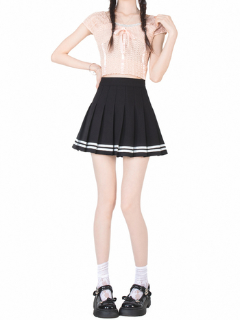 Плисирана пола с висока талия, къса пола, еластична талия, колежански стил, полиестер