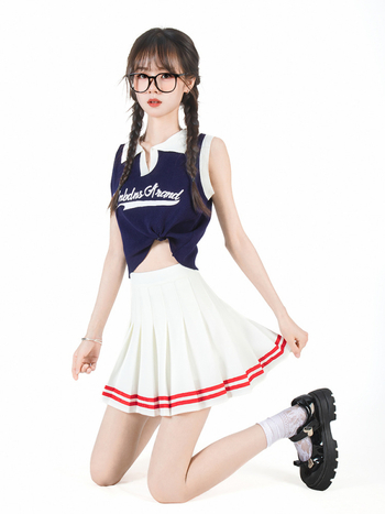 Плисирана пола с висока талия, къса пола, еластична талия, колежански стил, полиестер