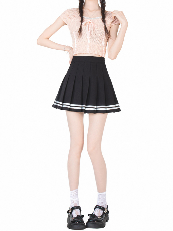 Klostuotas sijonas su aukštu juosmeniu, trumpas ilgis, elastinė juosta, koledžo stilius, poliesteris