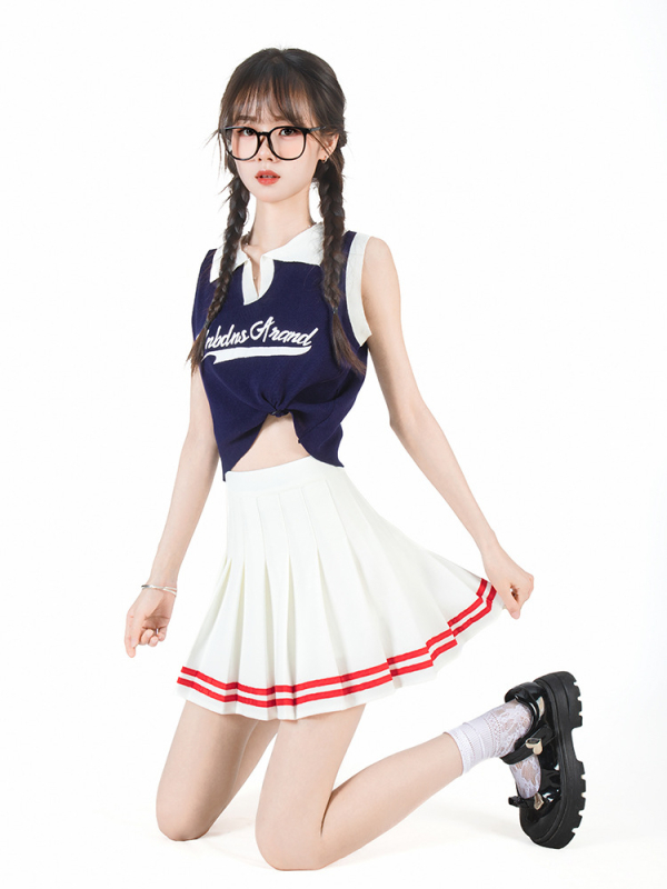 Klostuotas sijonas su aukštu juosmeniu, trumpas ilgis, elastinė juosta, koledžo stilius, poliesteris